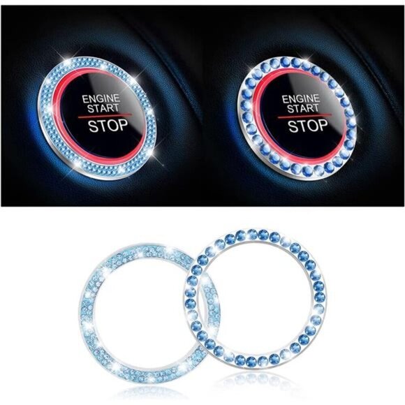 Car Start Button Bling Rhinestone Diamond Engine Button Ring 2-Pack Blue - Picture 1 of 8